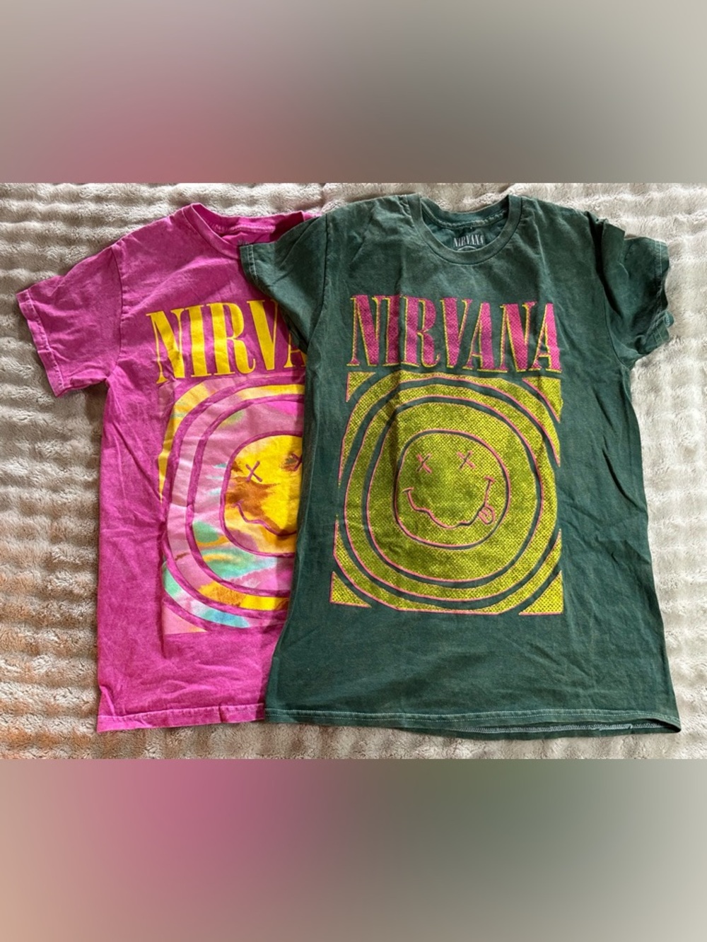 Nirvana Graphic Tee Bundle – 2 Shirts – Pink & Green – Size Small – NWOT 🎸